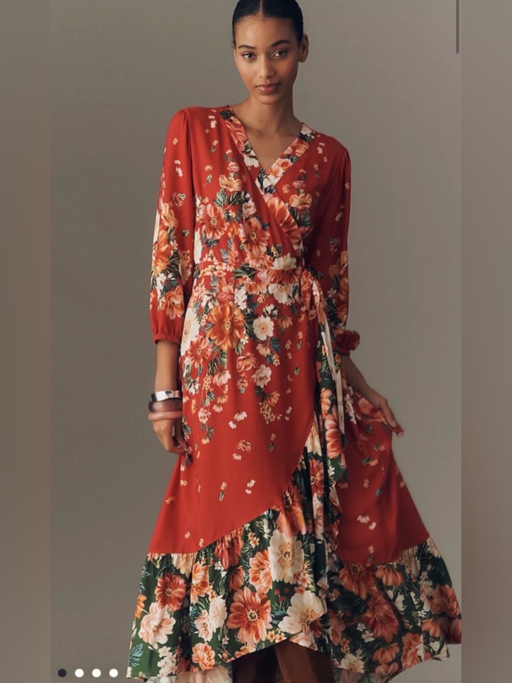 Anthropologie Farm Rio Long Sleeve Floral Wrap Maxi Dress Tie Diana Red